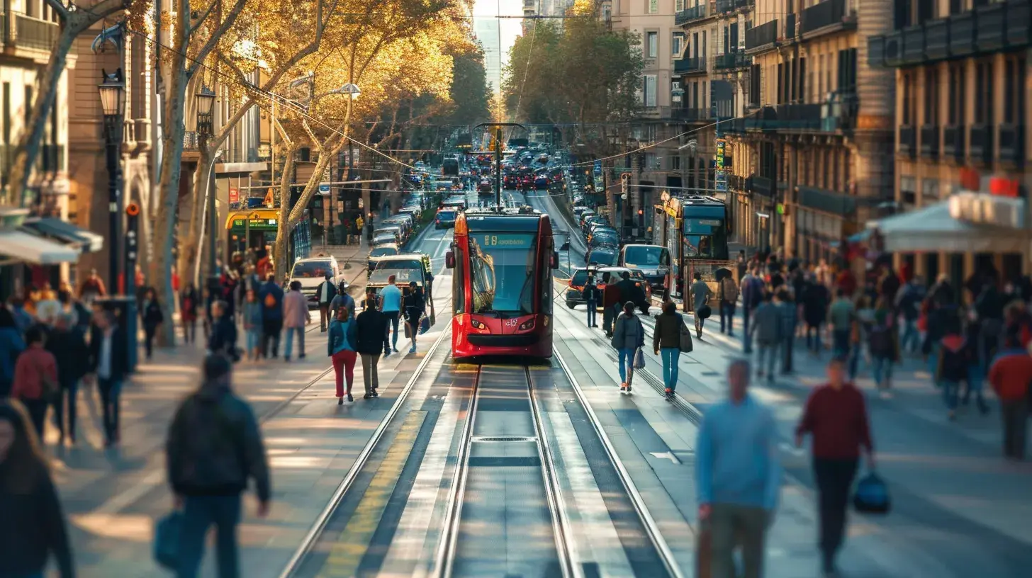 a bustling urban street in barcelona showcases tourists joyfully navigating vibrant public transport options, with colorful transport passes prominently displayed against the backdrop of iconic city architecture.