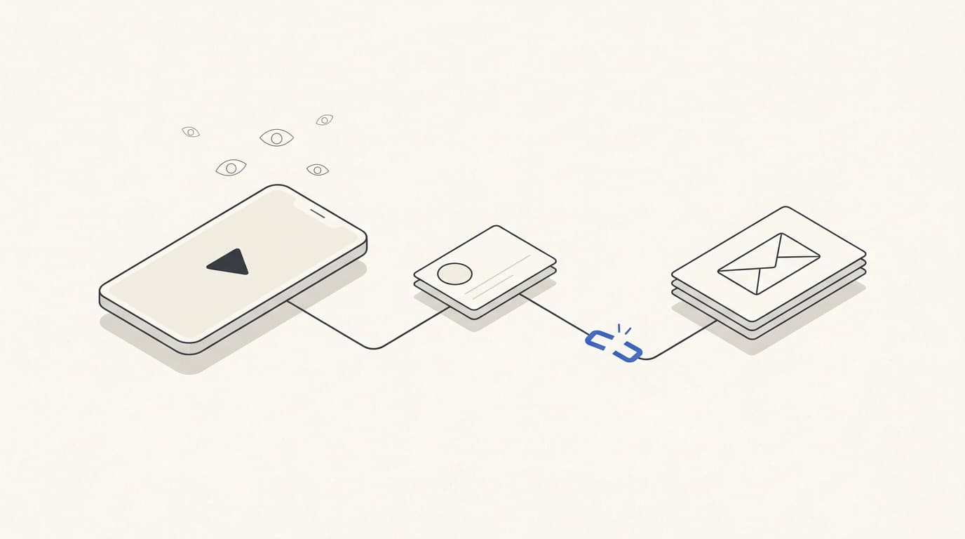 A smartphone with viewing symbols and a gap in the path from a profile to an enquiry card.