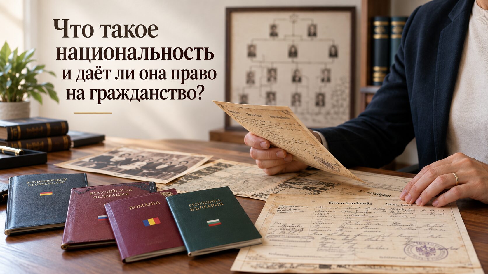 Паспорта России, Германии, Румынии и Болгарии рядом с архивными документами о происхождении семьи
