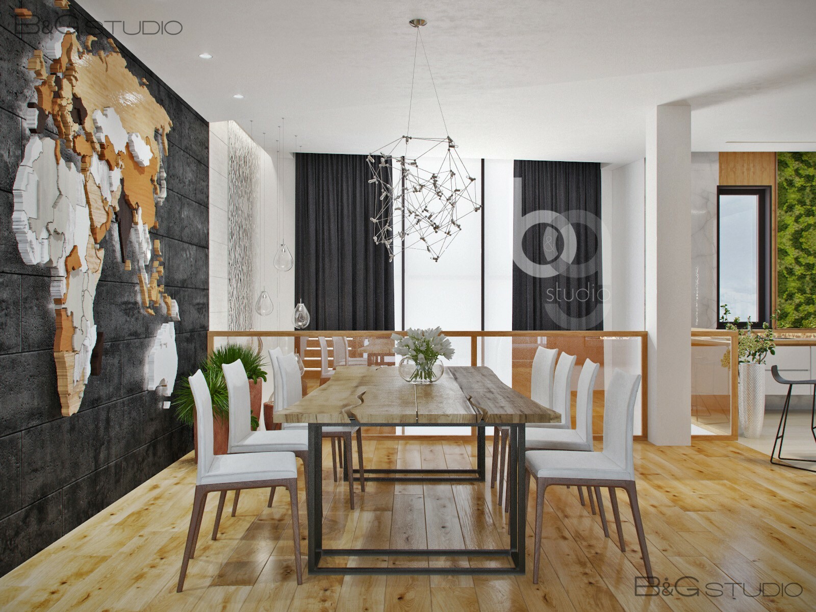 Кухня-гостиная · 2 этаж: обеденный стол у панно с картой мира. Дом 340 м² в Патрушева