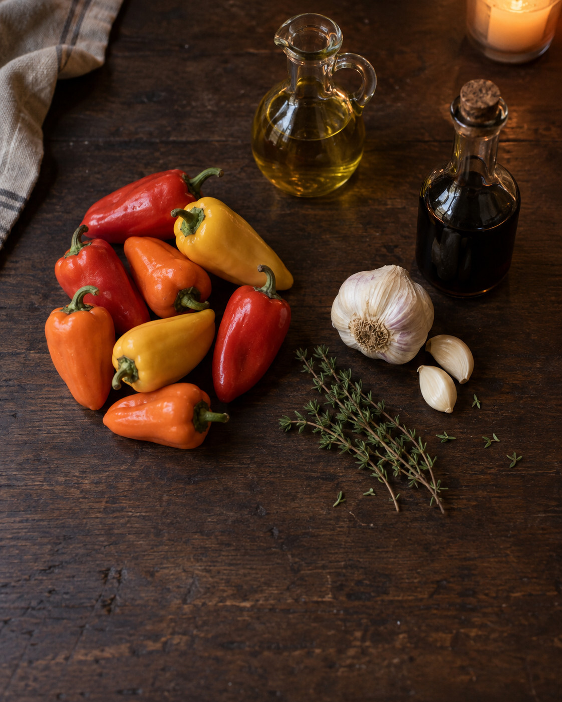 Five ingredients for sweet pepper confit: small sweet peppers, extra virgin olive oil, garlic, fresh thyme and sherry vinegar on a dark wood table