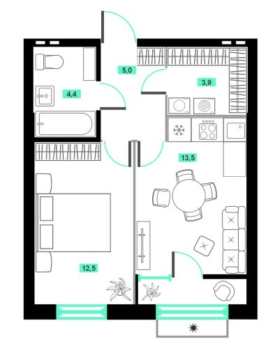 Евро-2-комн 40 м²