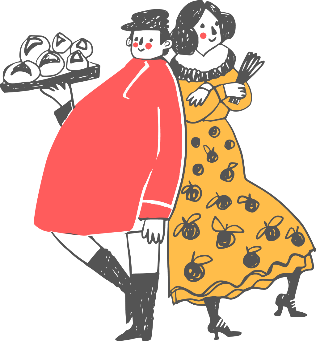 иллюстрация мужчина в красной рубахе держит на подносе калачи и девушка в желтом платье с яблоками