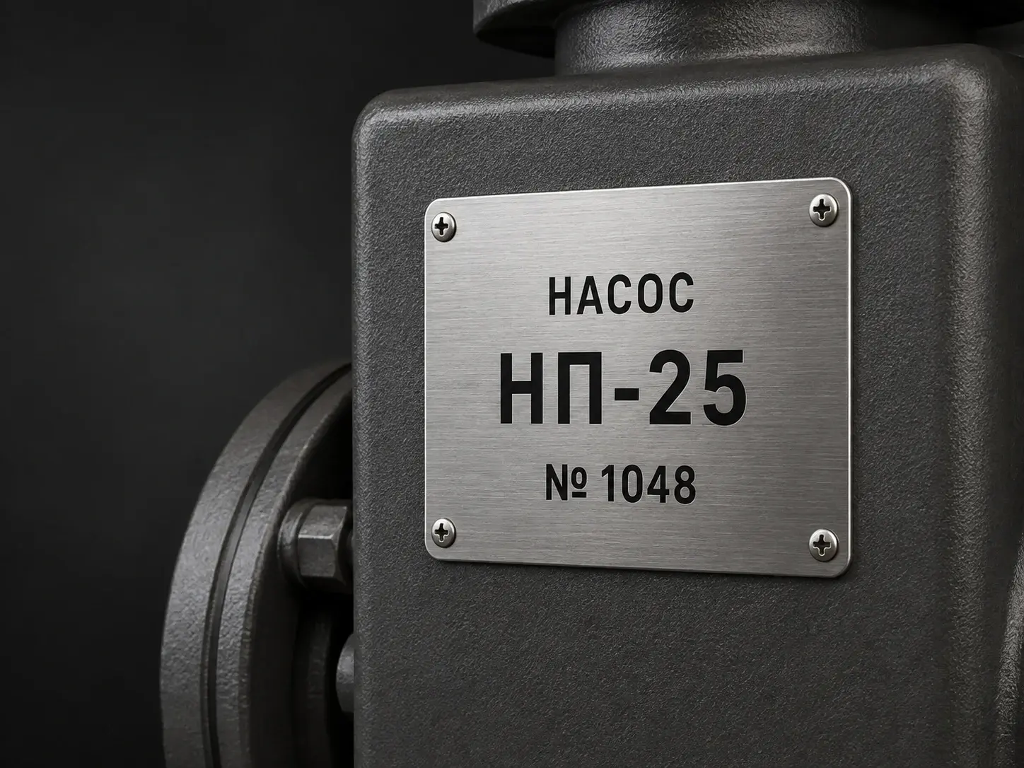 Технический шильд НАСОС НП-25 с серийным номером 1048 на корпусе оборудования, изделие целиком