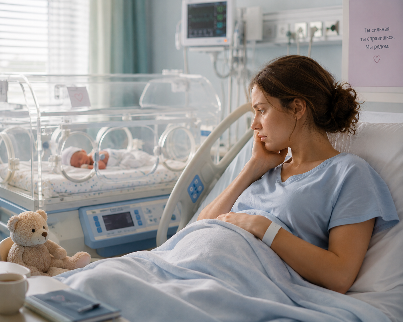 Premature birth: girl in a hospital room, baby next to her in an incubator