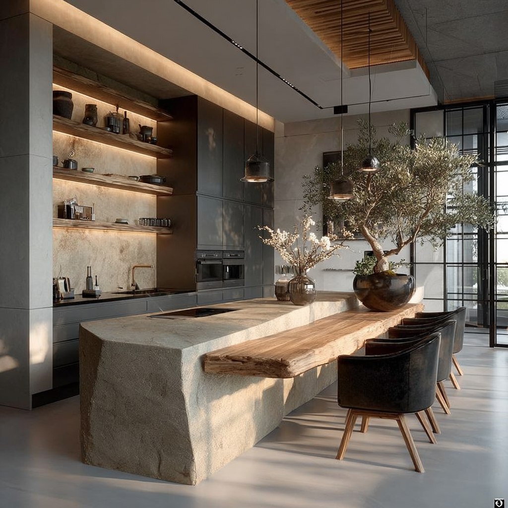 Кухня с камнем и деревом в современном стиле