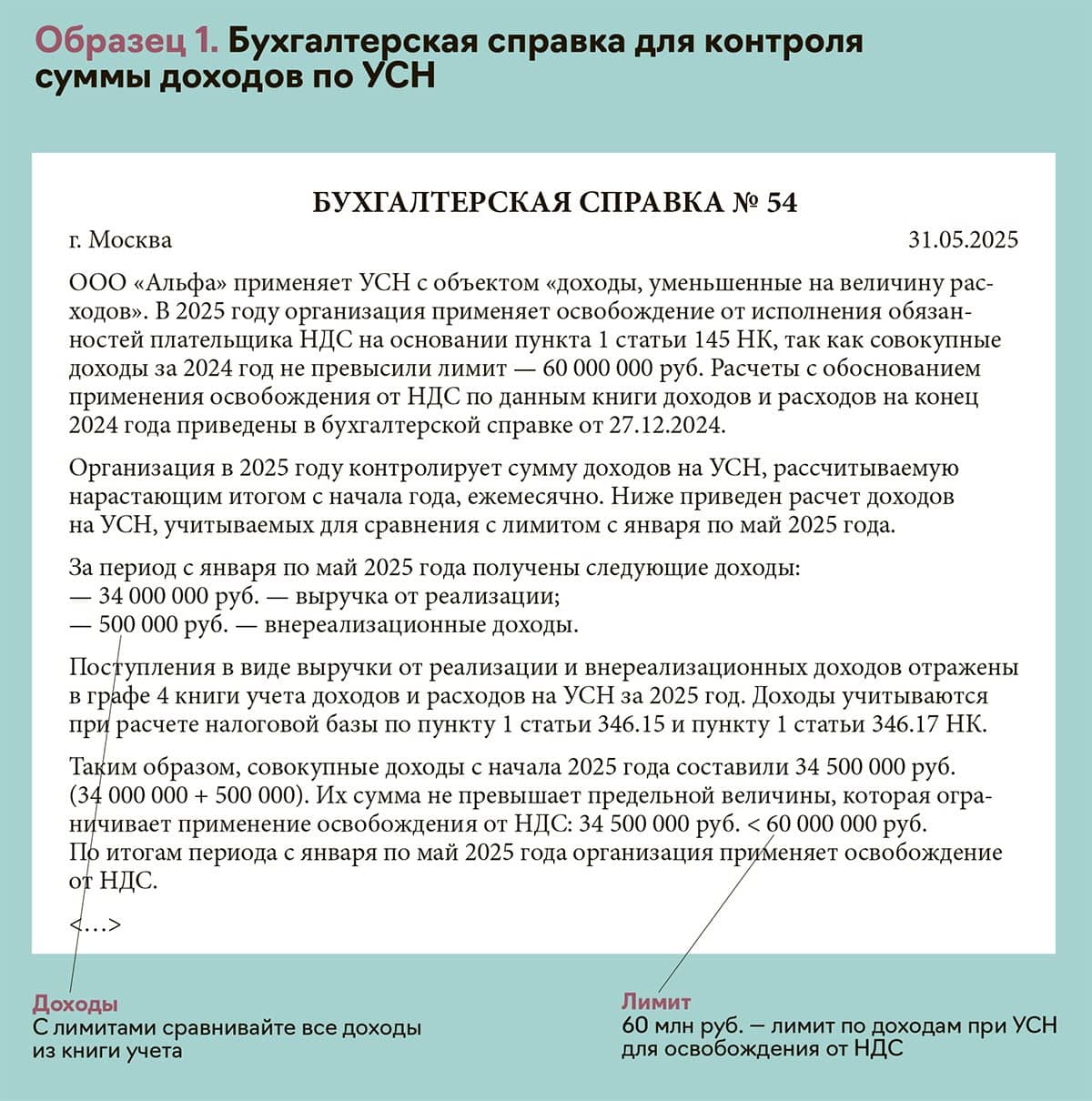 Образец бухгалтерской справки для контроля доходов ИП на УСН