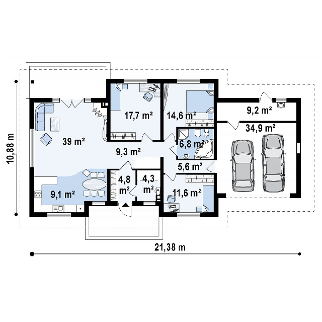 План одноэтажного дома 200 м2 с гаражом на 2 машины