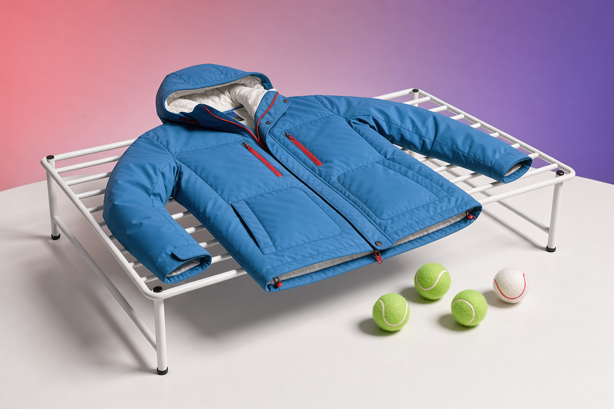 A winter jacket laid flat on a drying rack with clean tennis balls nearby to illustrate tumble-dryer ball use, no logos or visible cleaning products