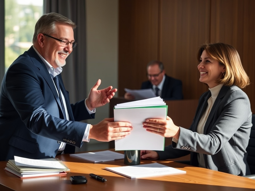 in the center, the client hands a neatly arranged folder of documents to the new notary, who smiles warmly and gestures to invite them to sit down; in the background, slightly in the shadows, the former notary sits at their desk, absorbed in paperwork, wi
