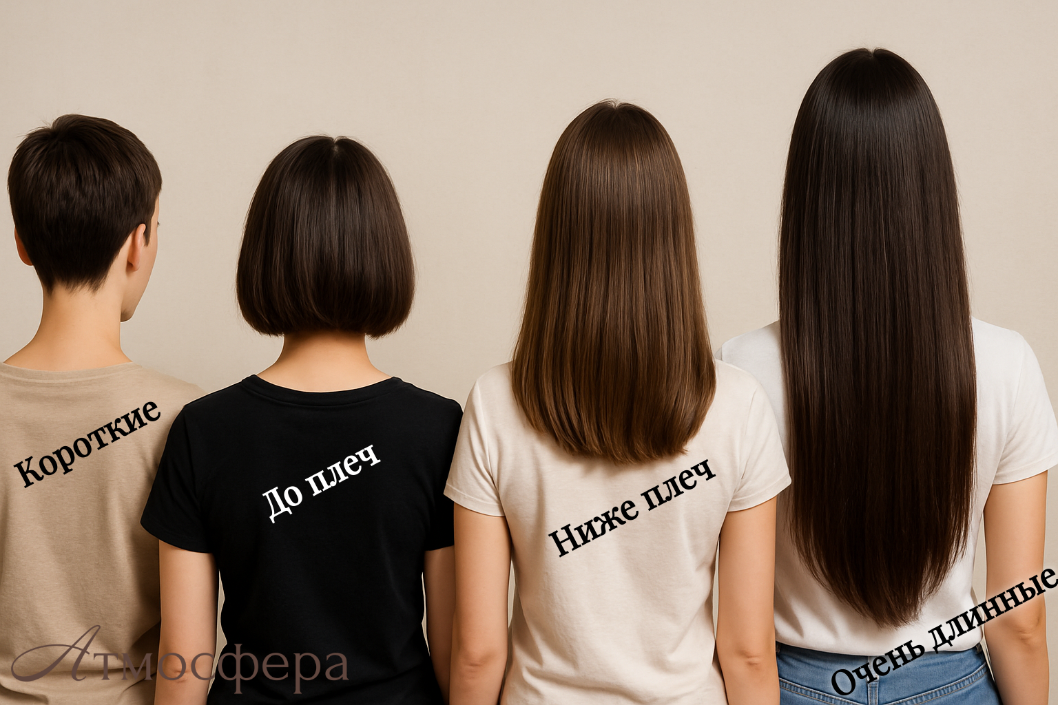 Схема определения длины волос в салоне Атмосфера: короткие, до плеч, ниже плеч, очень длинные