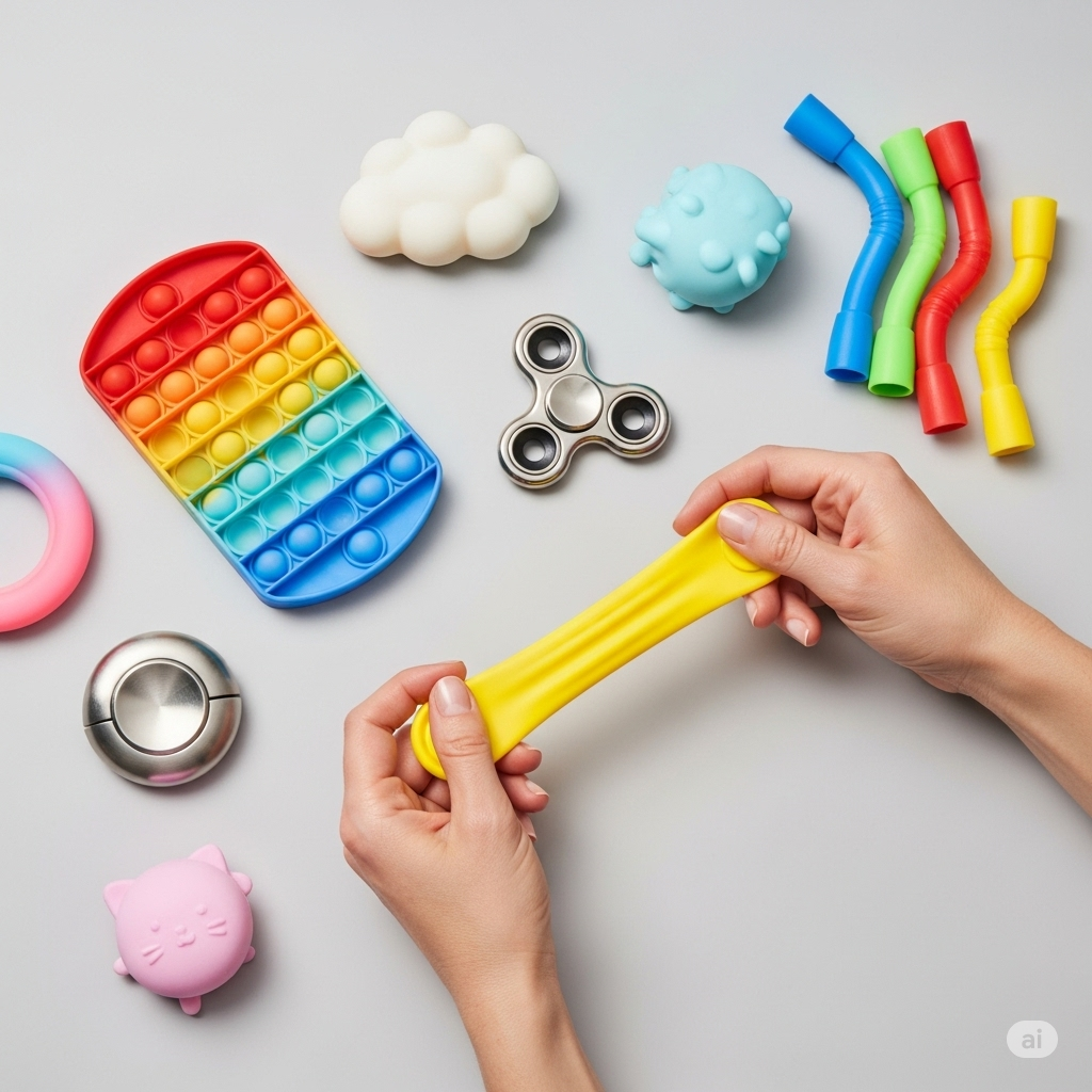 Коллекция ярких антистресс-игрушек, включая Pop It и Pop Tubes, для оптовой закупки.