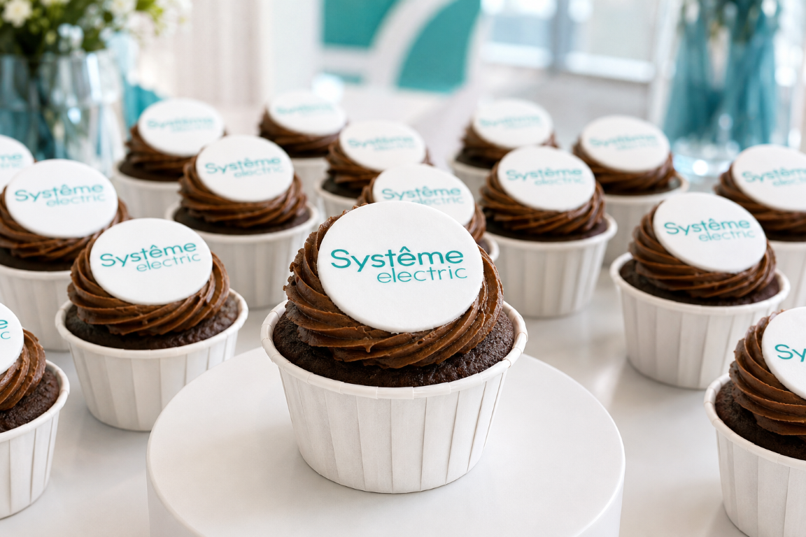 Шоколадные капкейки с логотипом Systeme Electric для корпоративного мероприятия