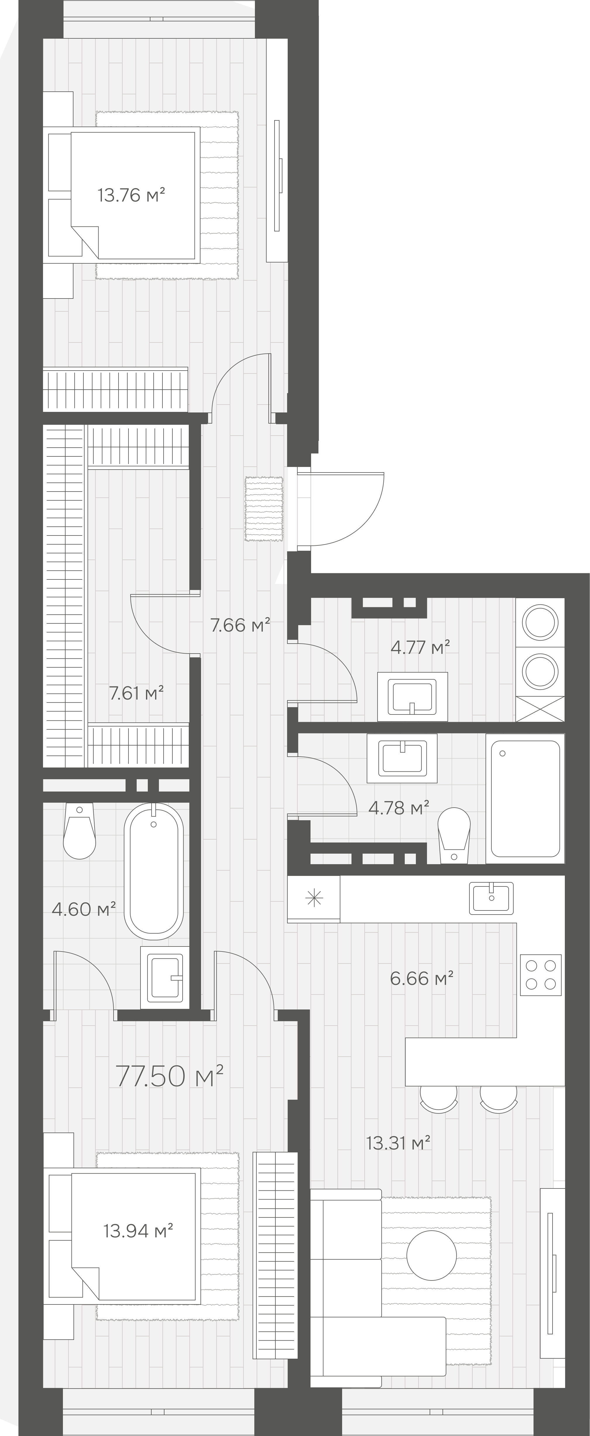 Планировка 2–3-комнатной 50 м²