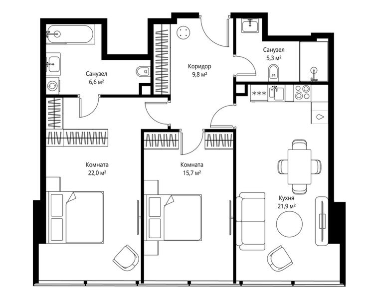 Планировка квартиры с 2 спальнями 81,3 м² в ЖК ONE: 61-й этаж