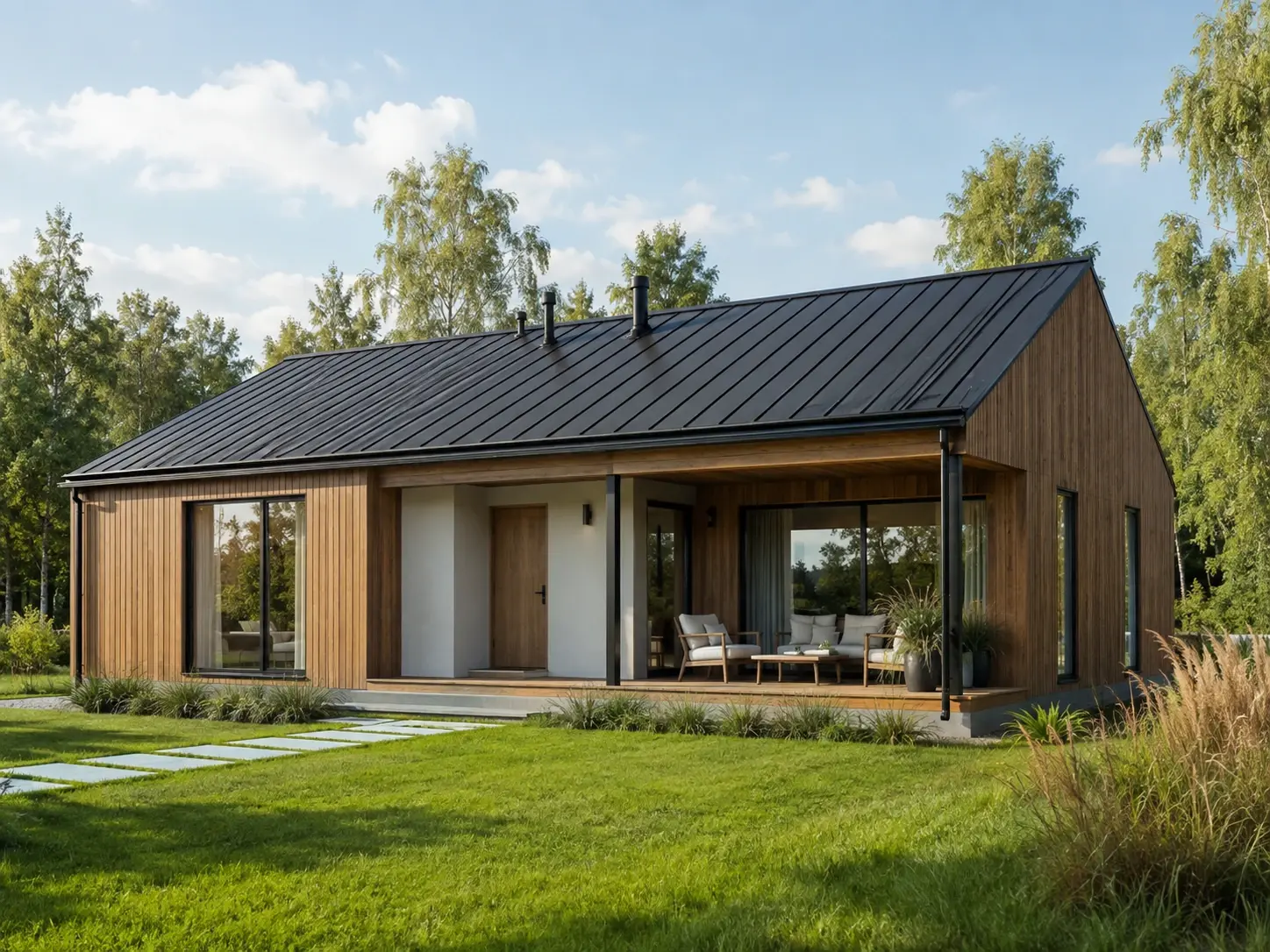 Современный компактный барнхаус Aalto 92 м² с панорамным остеклением и террасой