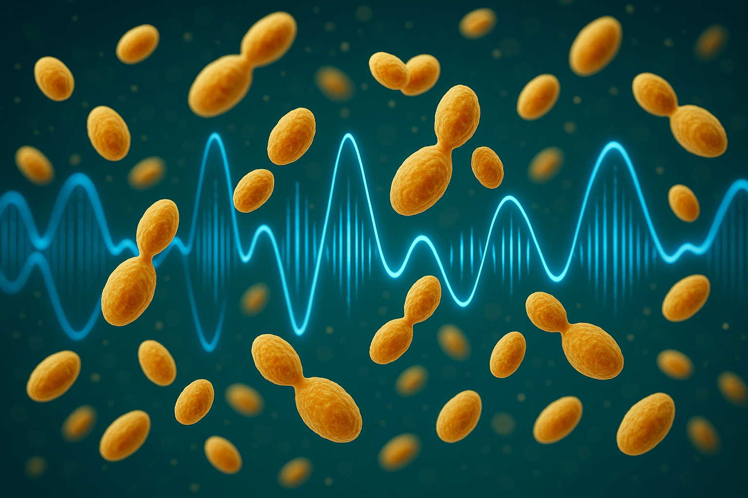 Макроизображение пивных дрожжей во взвешенном состоянии со звуковой волной — так белый шум удерживает дрожжи в активной фазе брожения