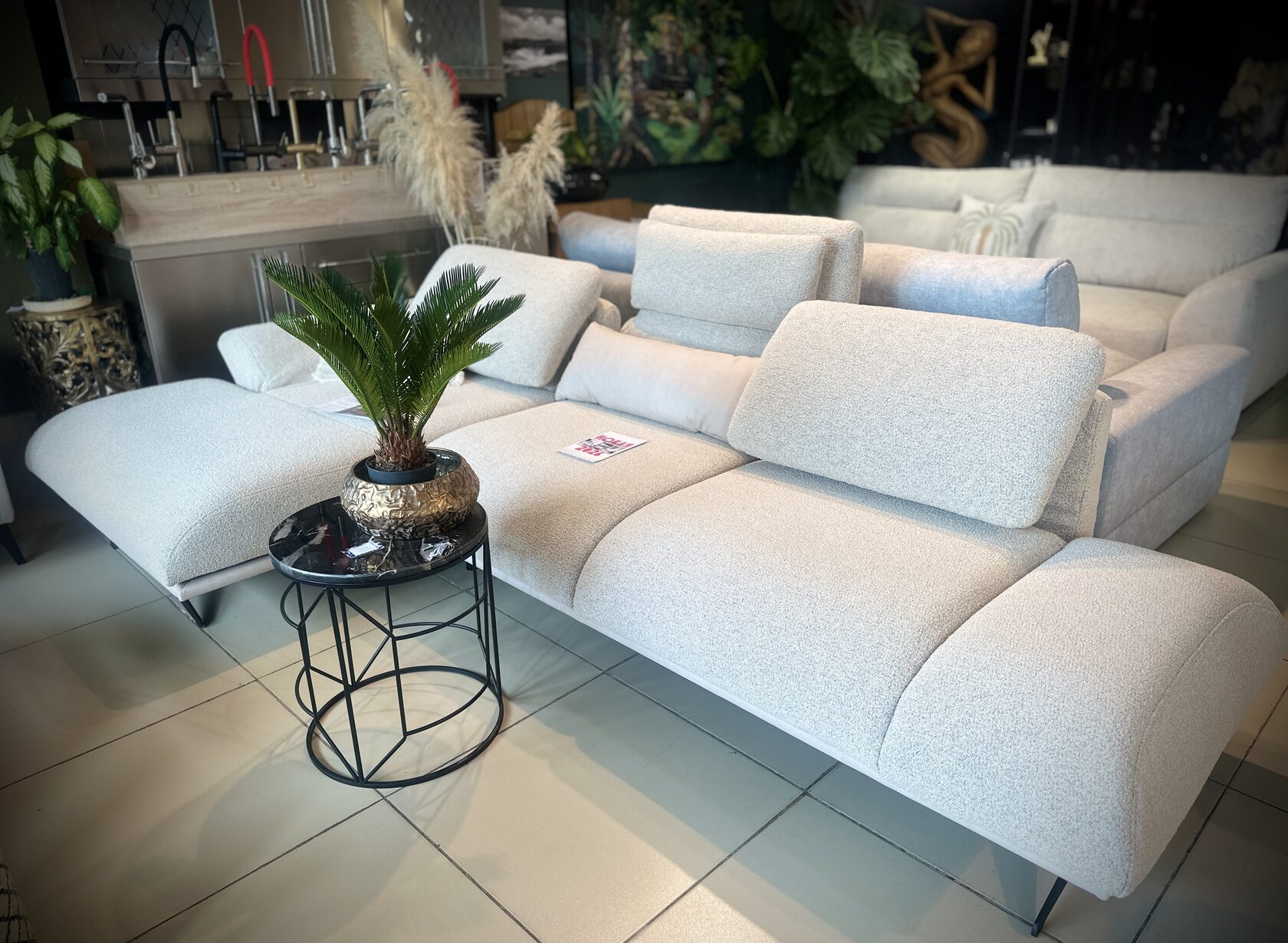 Light fabric sofa with plant
