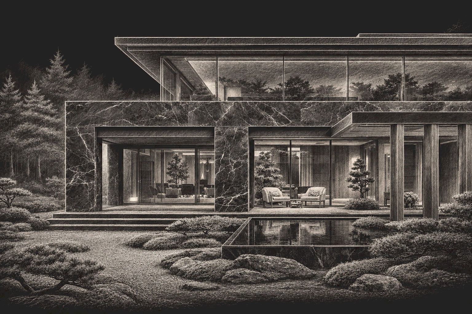 Карандашный архитектурный скетч VILLA BLACK
