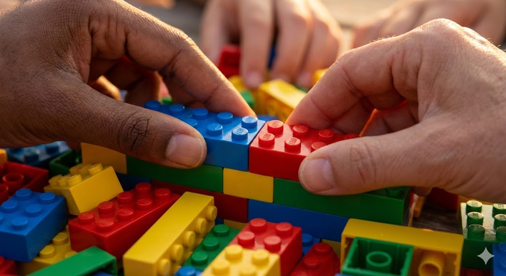 Разноцветные кубики LEGO крупным планом в процессе сборки