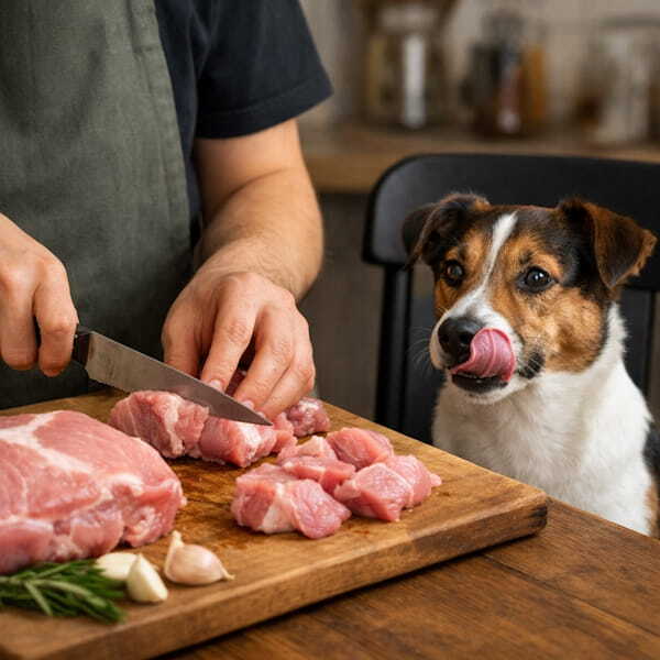 Человек режет сырую свинину на кухне, собака сидит рядом на стуле и смотрит на мясо, облизываясь