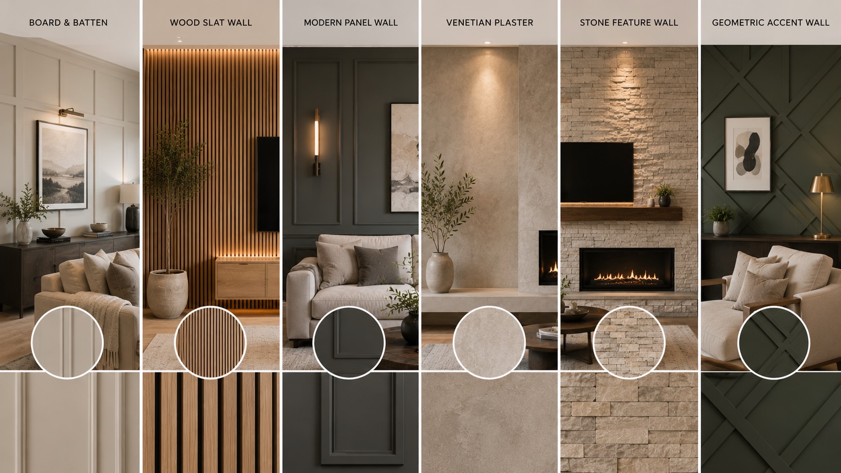 Comparison of six custom accent wall styles including board and batten, wood slats, modern wall panels, Venetian plaster, stone feature walls, and geometric wall designs.