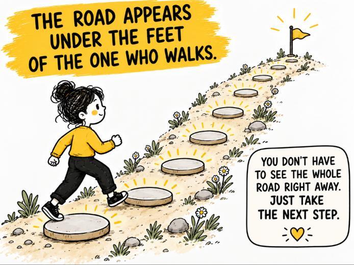 Illustration: the road appears under the feet of the one who walks