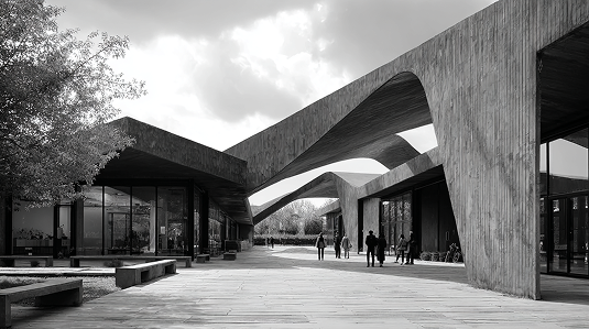 Современный общественный архитектурный комплекс с плавными бетонными формами и людьми в пространстве, ориентированном на комфорт и взаимодействие