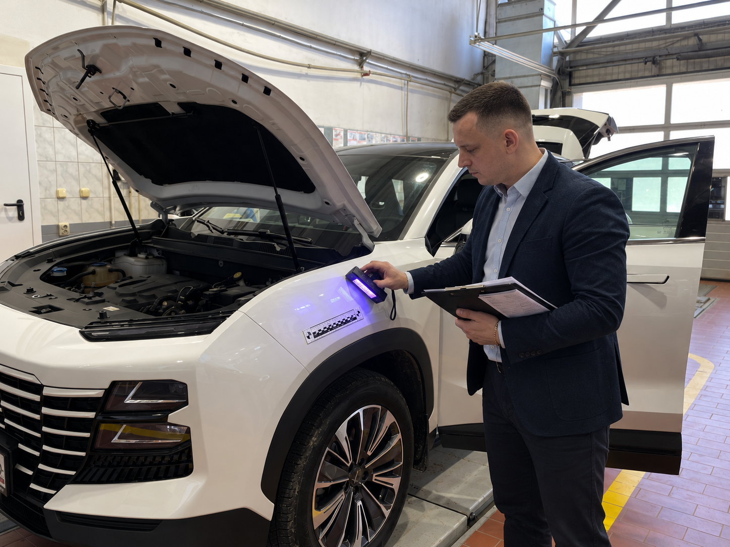 Эксперт проверяет лакокрасочное покрытие и качество ремонта автомобиля