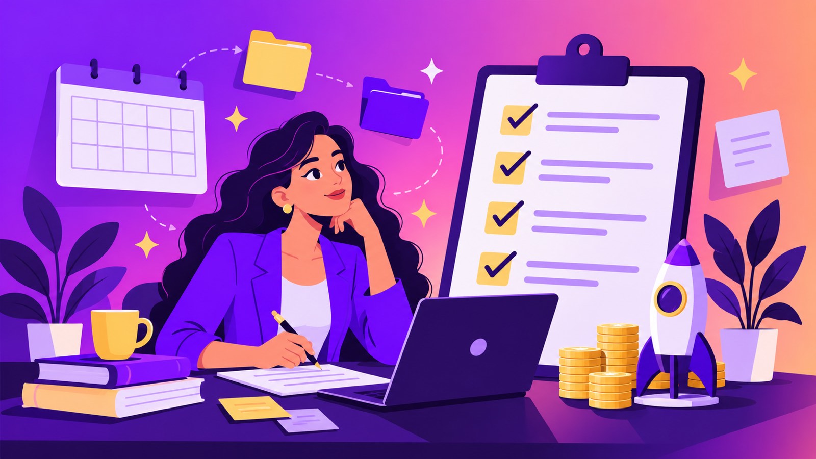 EU funding readiness illustration: a startup founder ticking off a large checklist next to a calendar, documents, coins and a rocket prototype