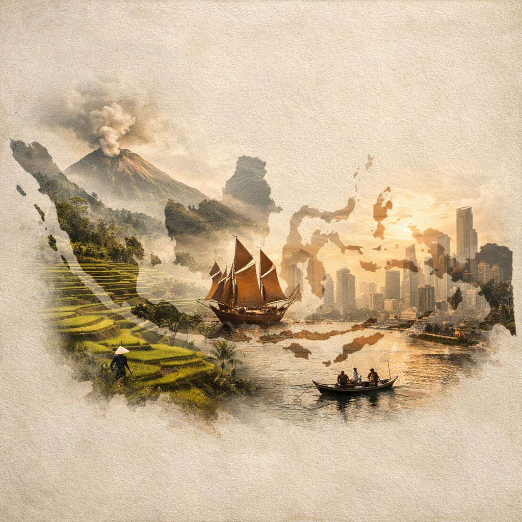 Ilustrasi artistik peta Indonesia dengan gunung api, sawah, perahu tradisional, dan skyline kota modern yang menggambarkan skala, keragaman, dan transformasi Indonesia