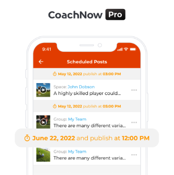 CoachNow pro white iphone showing coachnow app scheduled posts