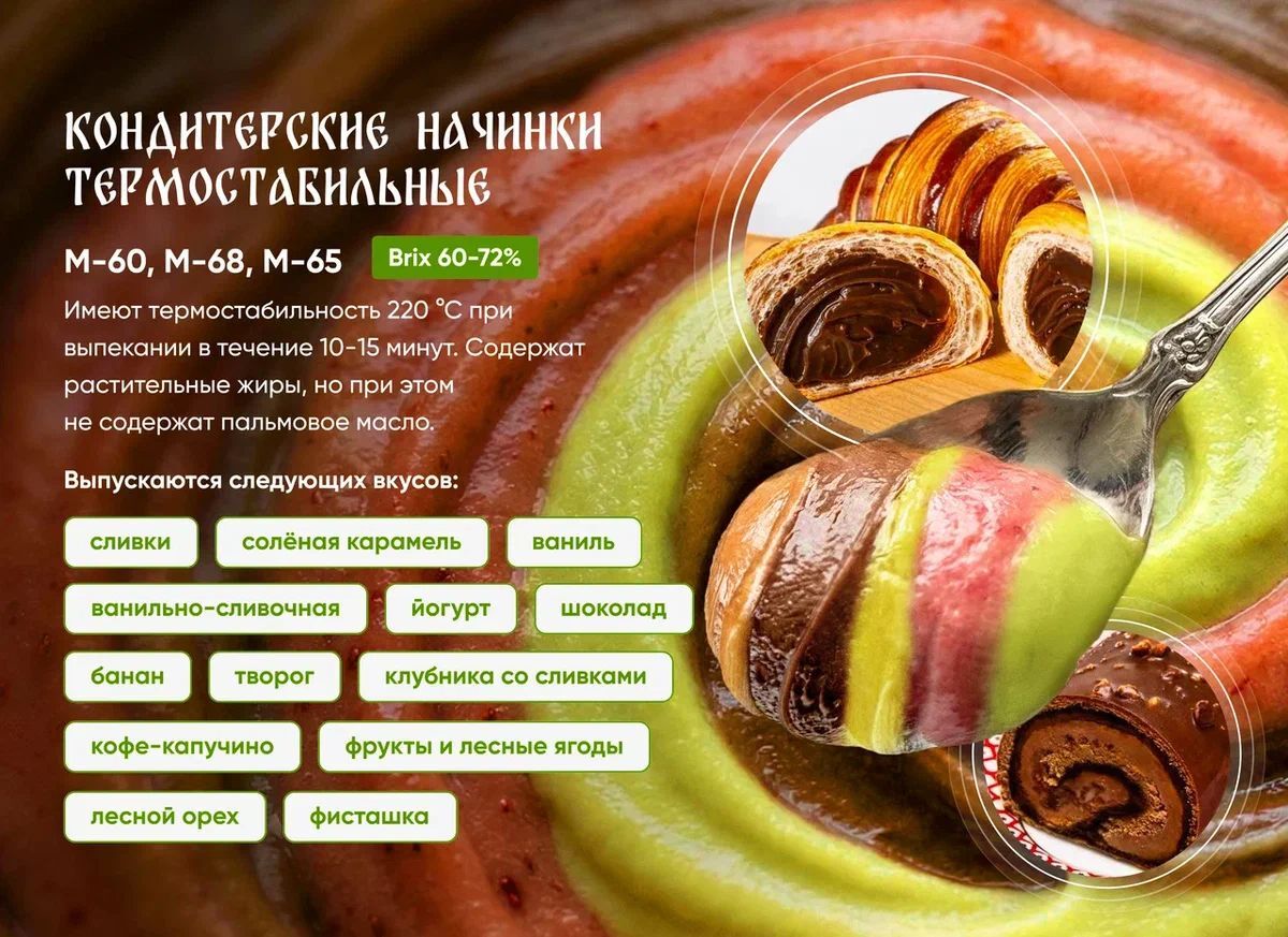 Страница каталога о термостабильных кондитерских начинках: марки, характеристики и список вкусов