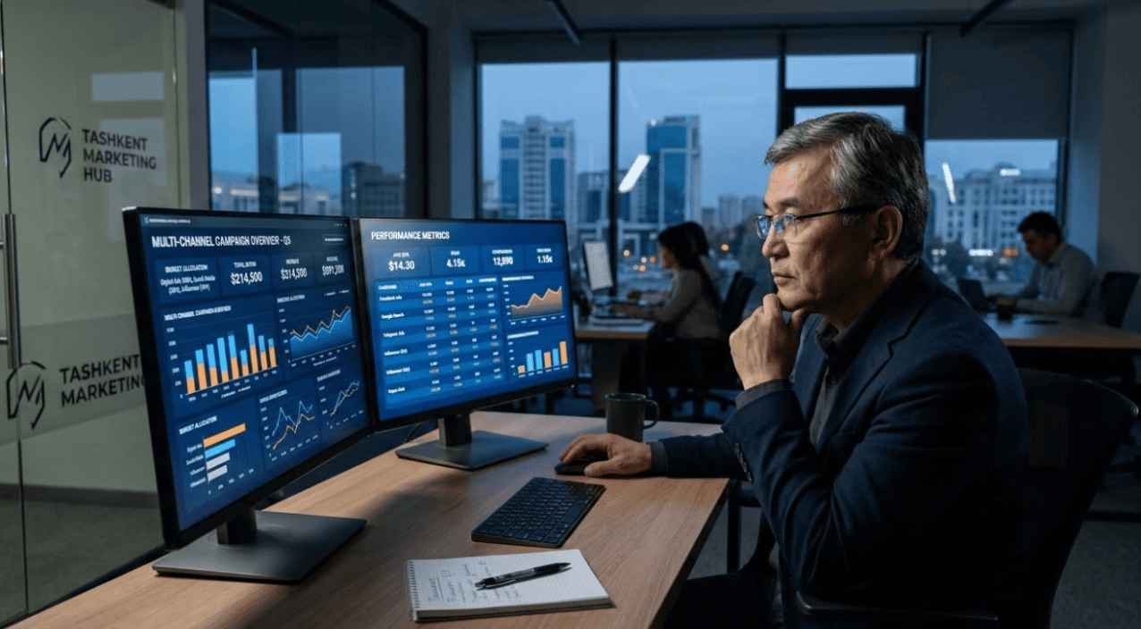 Enterprise CMO reviewing AI marketing infrastructure dashboards showing real-time budget reallocation and CPA metrics in a modern Tashkent office.