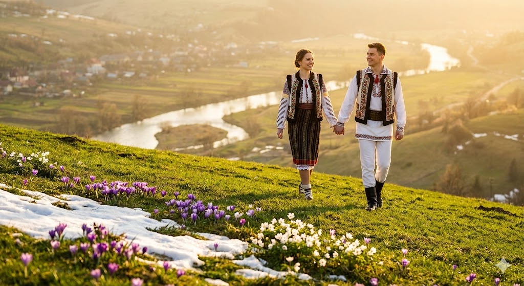 Народные гуляния на Красную горку, молодая пара на зеленом холме весной