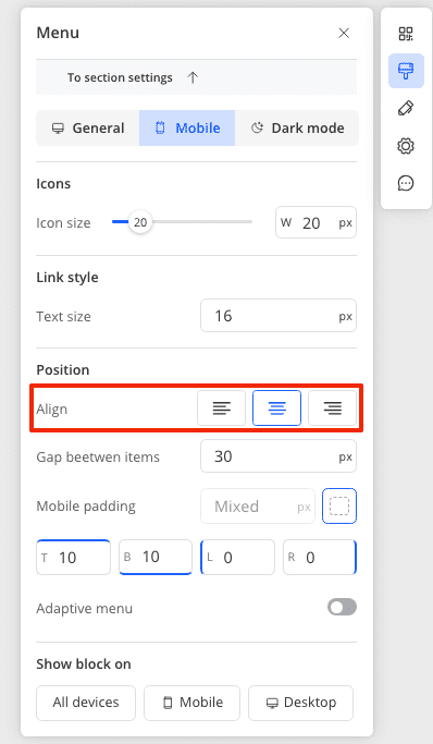 Change the align of menu block for mobile mode