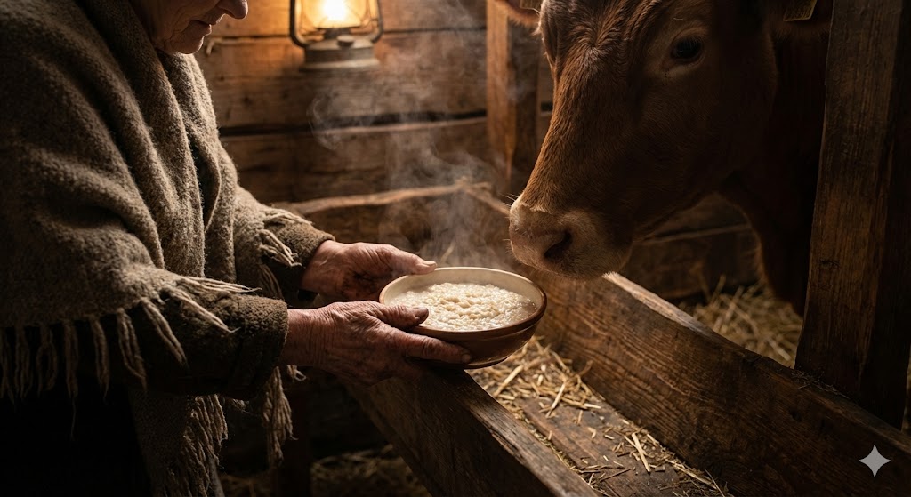 Обряд кормления коровы овсяной кашей в Гордеев день для защиты от болезней