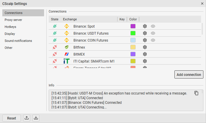 CScalp redesign: “Connections” window of the trading platform