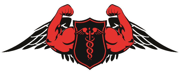 Красные бицепсы позади которых расположены крылья, на переднем плане расположен щит