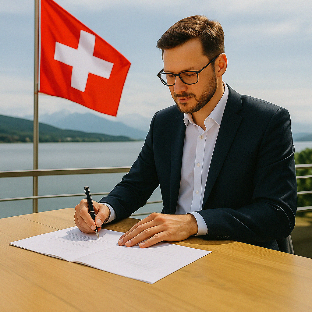 Businessperson richtet Firmendomizil in Zug ein, mit Schweizer Flagge im Hintergrund und Blick auf den Zugersee