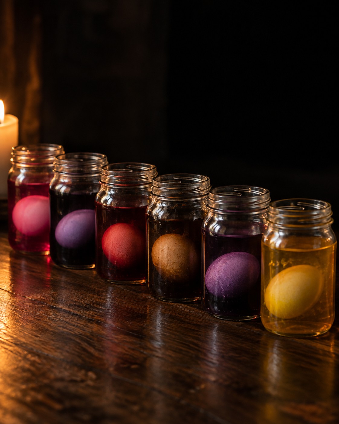 Six glass jars of cooled natural dye in pink, purple, dark red, brown, deep purple-red and yellow, each with a white egg submerged