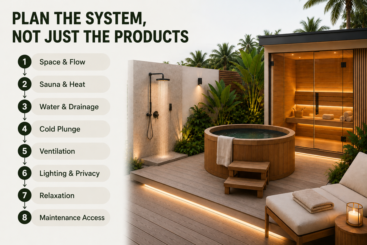 Wellness space planning infographic covering sauna, cold plunge, drainage, ventilation, lighting, relaxation and maintenance.