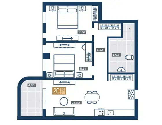 2-комнатный 74,15 м²
