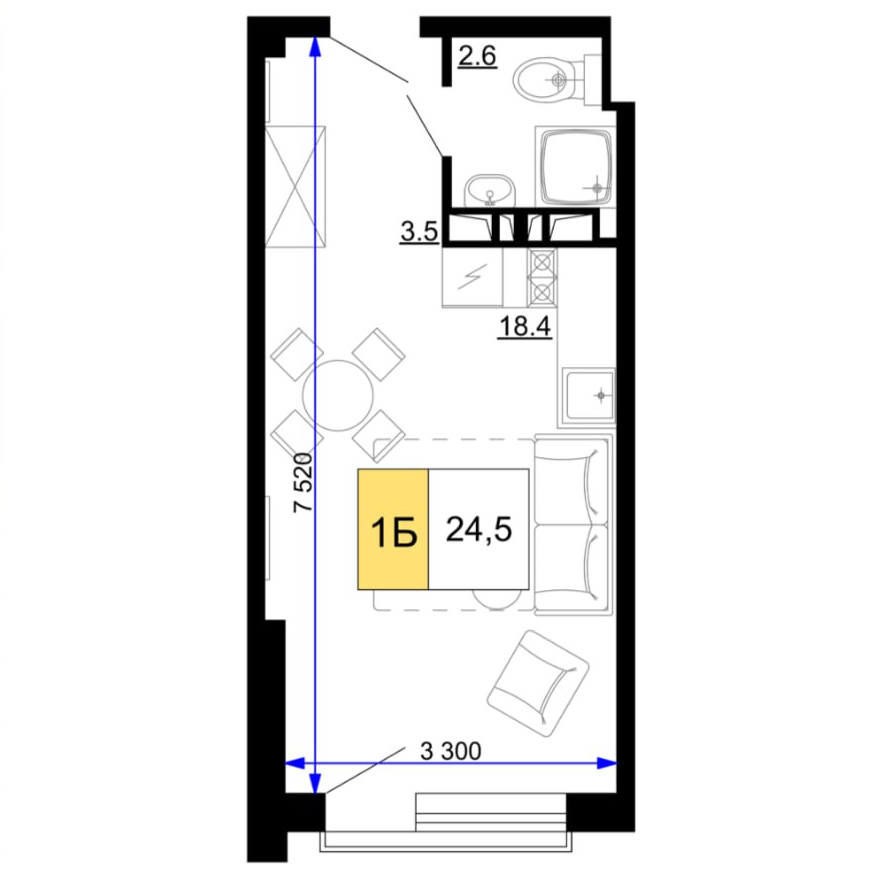Планировка студия 24,5 м²