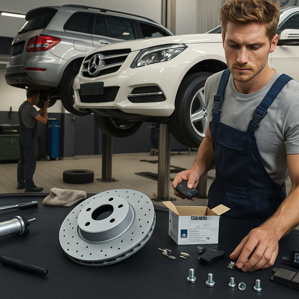 Инженер в специализированном автосервисе проводит диагностику двигателя Mercedes-Benz на подъемнике, демонстрируя профессиональное обслуживание