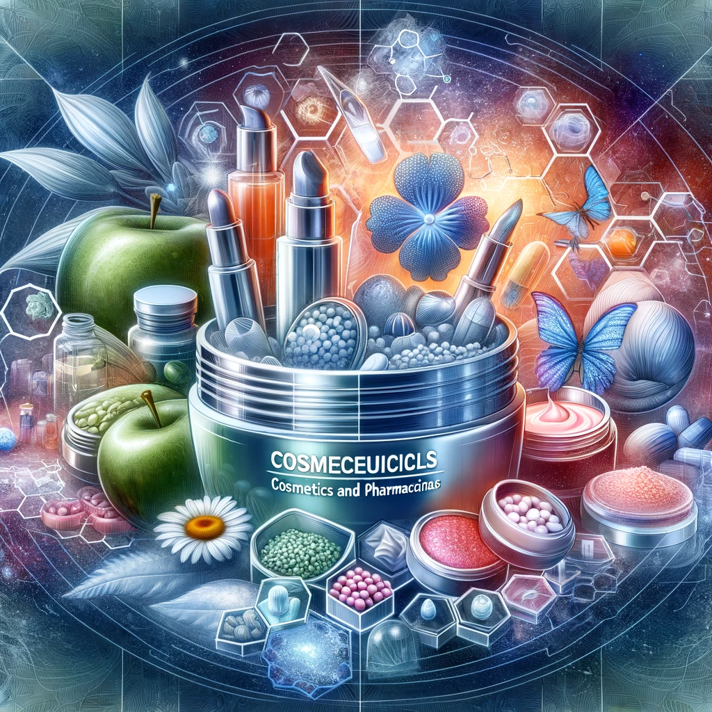 A visualization of the cosmeceuticals concept, illustrating the intersection of cosmetics and pharmaceuticals. The image should feature cosmeceutical products enriched with active ingredients such as hyaluronic acid, retinol, and vitamins. These products could be depicted in an innovative and artistic manner, symbolizing their advanced properties and the blend of beauty and science. The illustration should effectively convey the idea of cosmeceuticals, showcasing how these products combine therapeutic efficacy with cosmetic benefits.