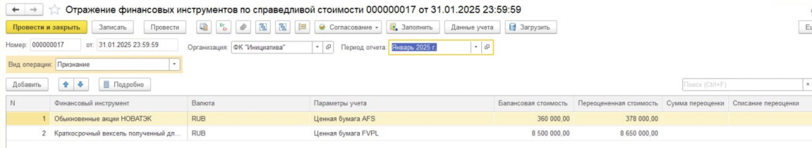 Признание справедливой стоимости финансовых инструментов