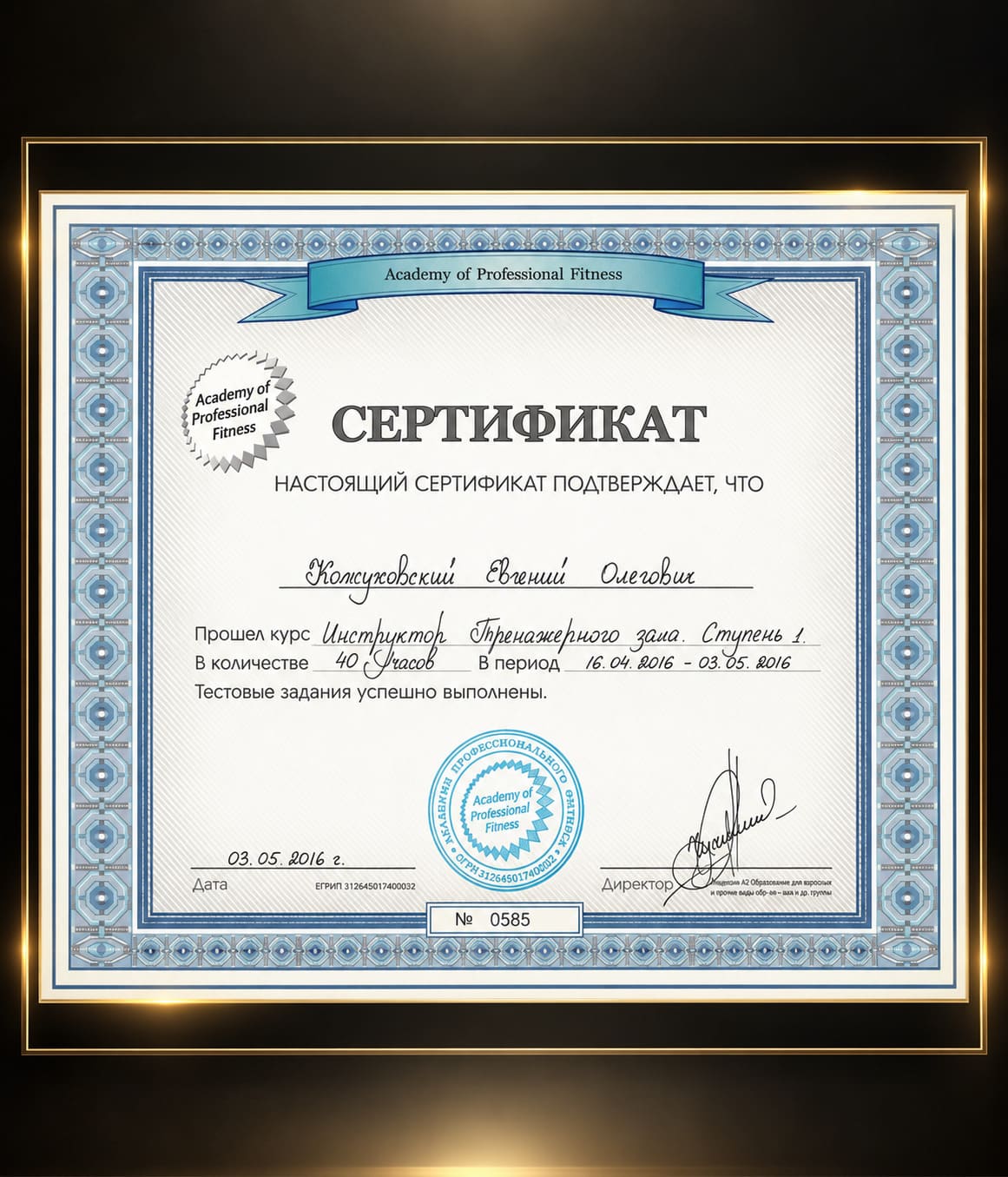 Документ об образовании Евгения Кожуховского — Academy of Professional Fitness