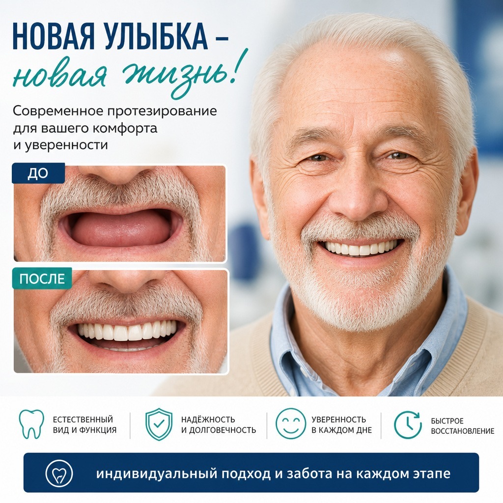 пожилой пациент улыбается широкой естественной улыбкой, рядом коллаж «до» — без зубов и «после» — с восстановленным зубным рядом