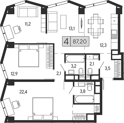 4-комн 87,20 м²